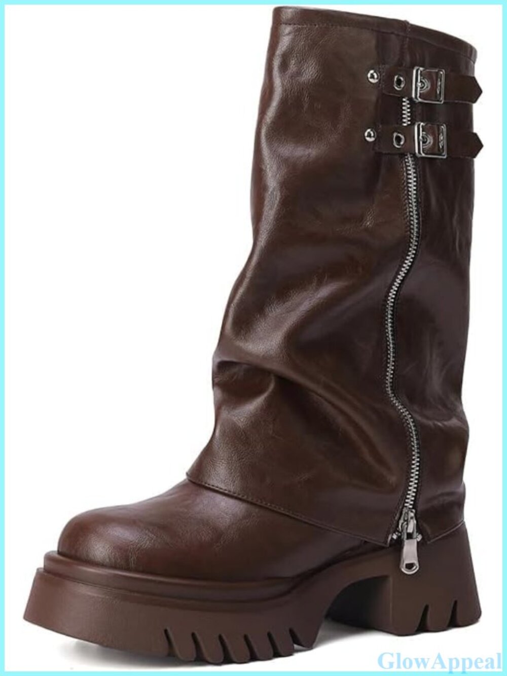 Fold Over Knee High Boots Slouch Wide Calf Faux Leather Riding Boots